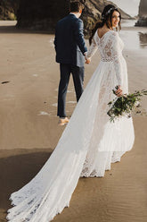 Ivory Lace A-line V-neck Long Sleeves Beach Wedding Dresses, Bridal Gown